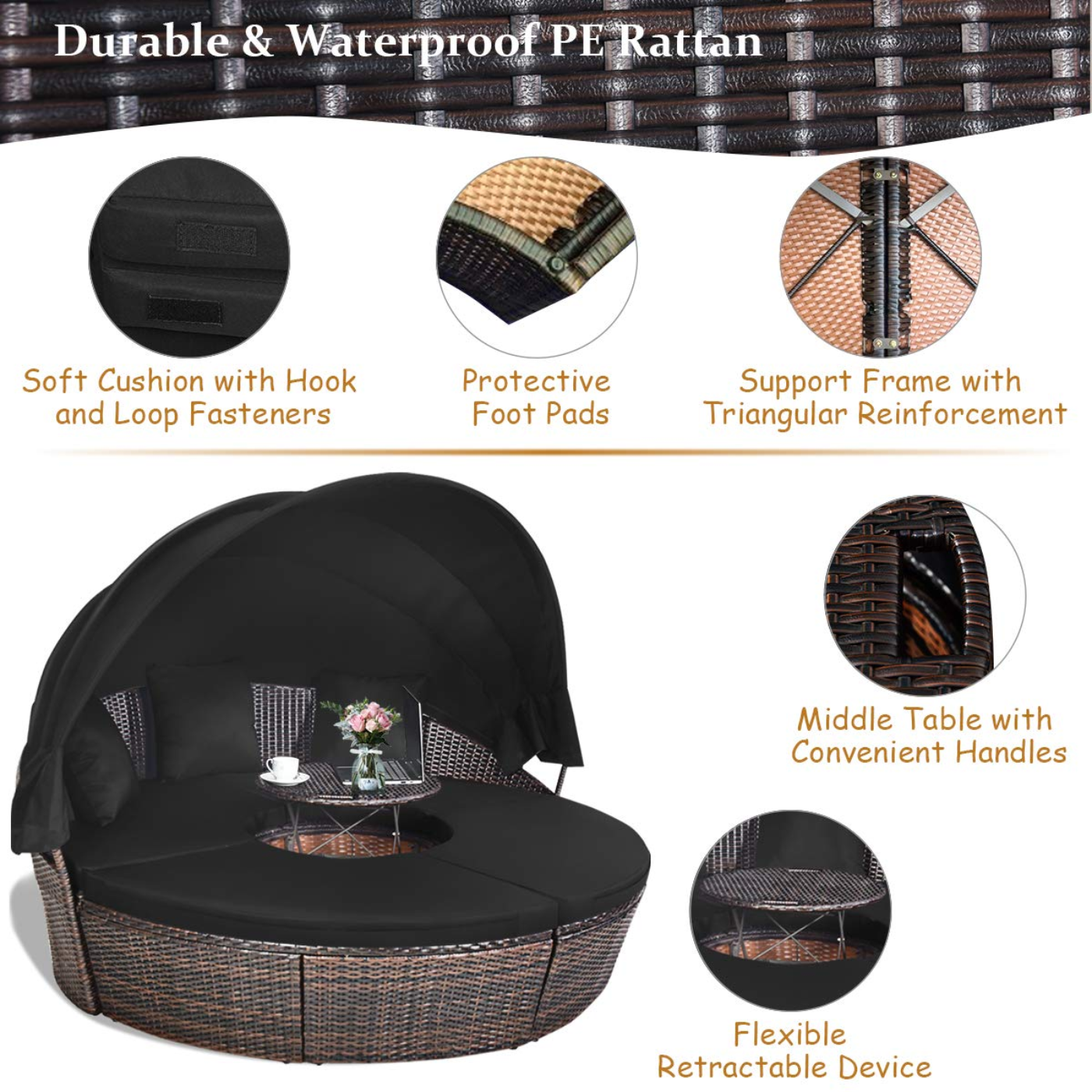 Tangkula Patio Round Daybed with Retractable Canopy, Outdoor Wicker Rattan Furniture Sets - HW63763+