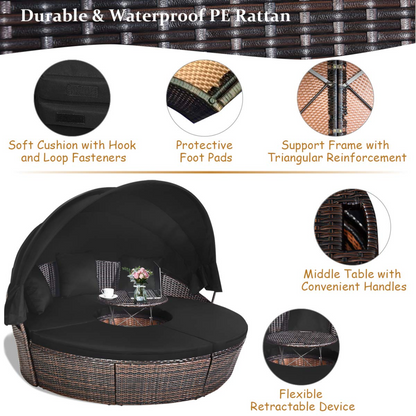 Tangkula Patio Round Daybed with Retractable Canopy, Outdoor Wicker Rattan Furniture Sets - HW63763+