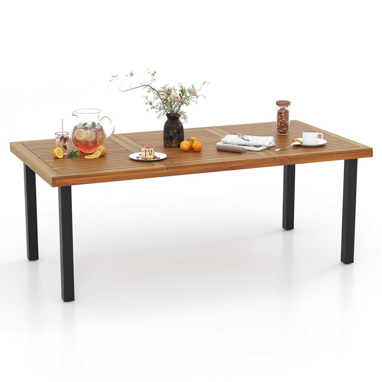 Tangkula Patio Rattan Dining Set for 8, Acacia Wood Table Top - HW71588+2*HW70831-4