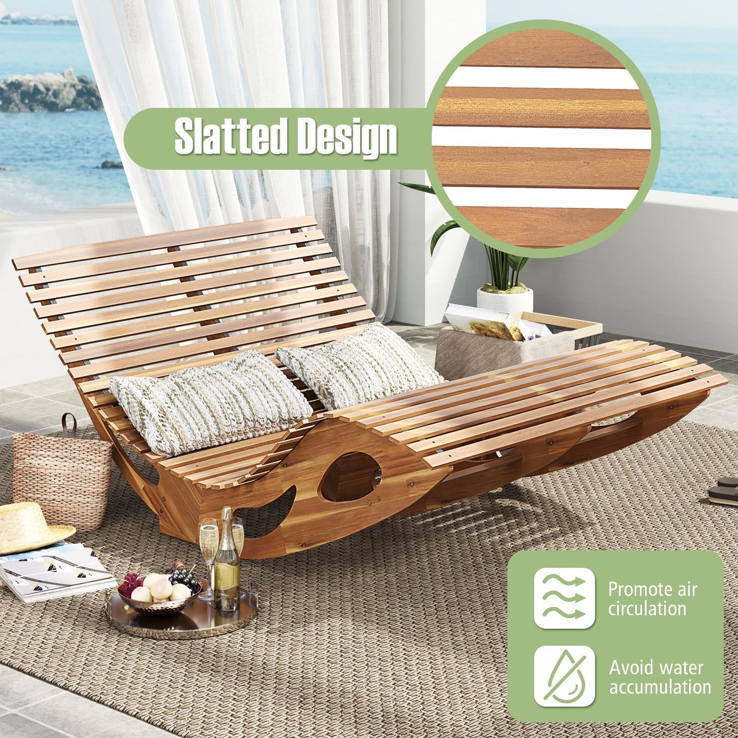 Tangkula Outdoor Double Chaise Lounge Chair, Acacia Wood Rocking Sunbed with Slatted Backrest and Seat - NP12023