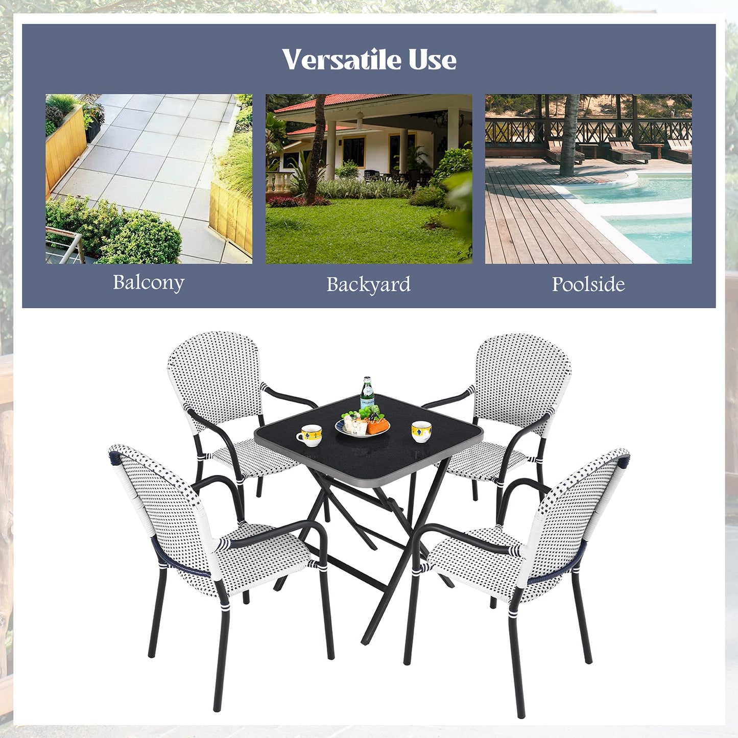 Tangkula 5-Piece Rattan Patio Dining Set, No Assembly Needs, Square Folding Table & 4 Stackable Chairs Set - NP10107+NP10073WL