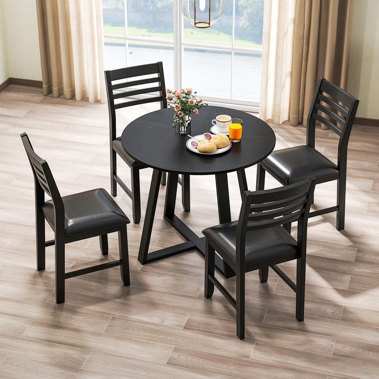 Tangkula Round Dining Table Set , Dinette Set with Table and Padded PU Chairs - KC57274BK+KC57108BK
