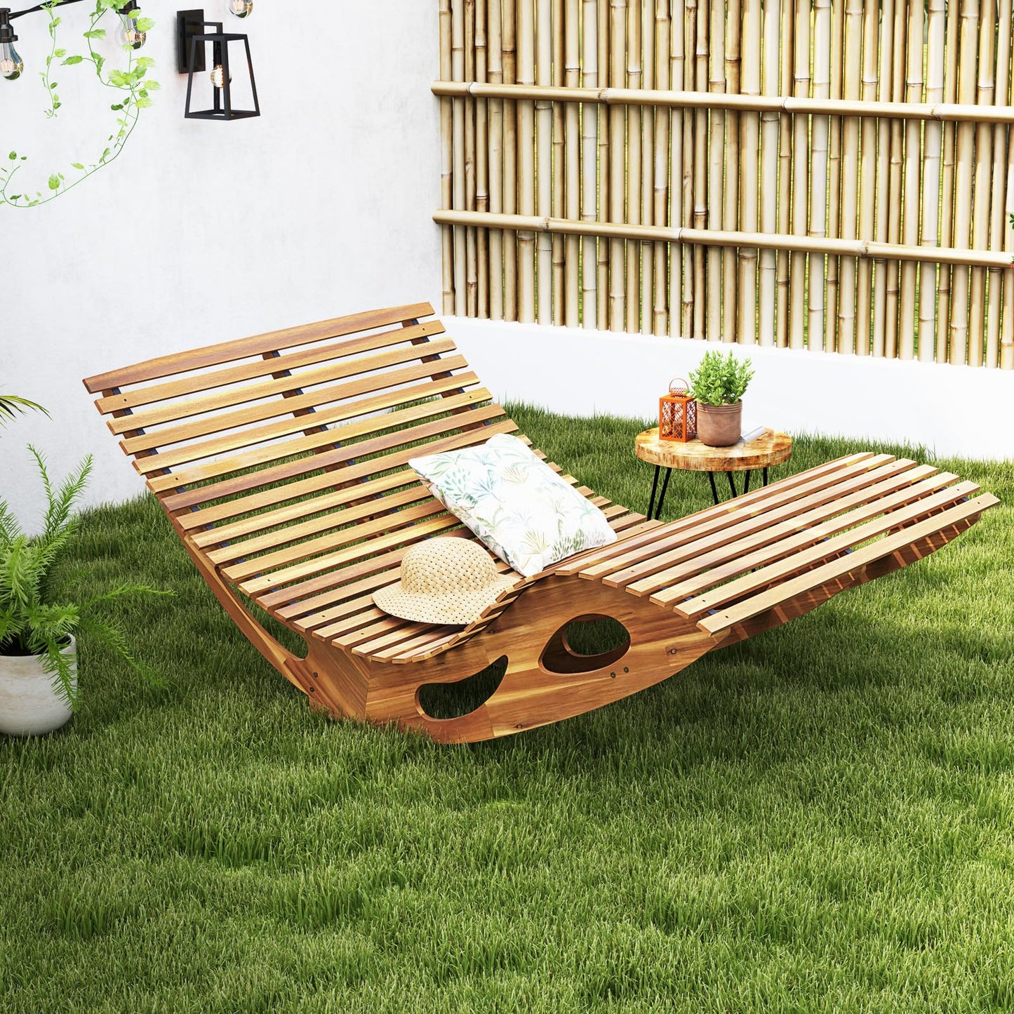 Tangkula Outdoor Double Chaise Lounge Chair, Acacia Wood Rocking Sunbed with Slatted Backrest and Seat - NP12023