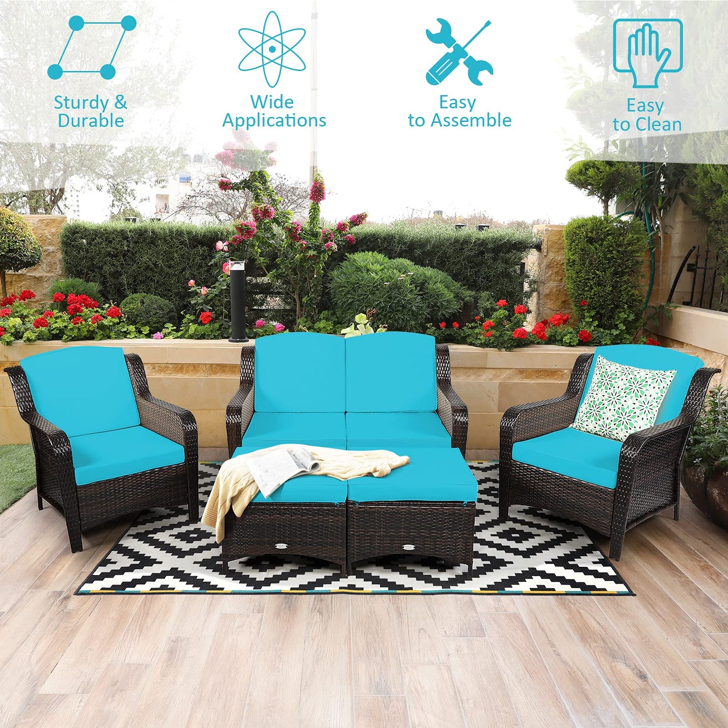 Tangkula 5 Pieces Patio Furniture Set, Outdoor Rattan Conversation Sofa Set with Loveseat - HW67702TU+