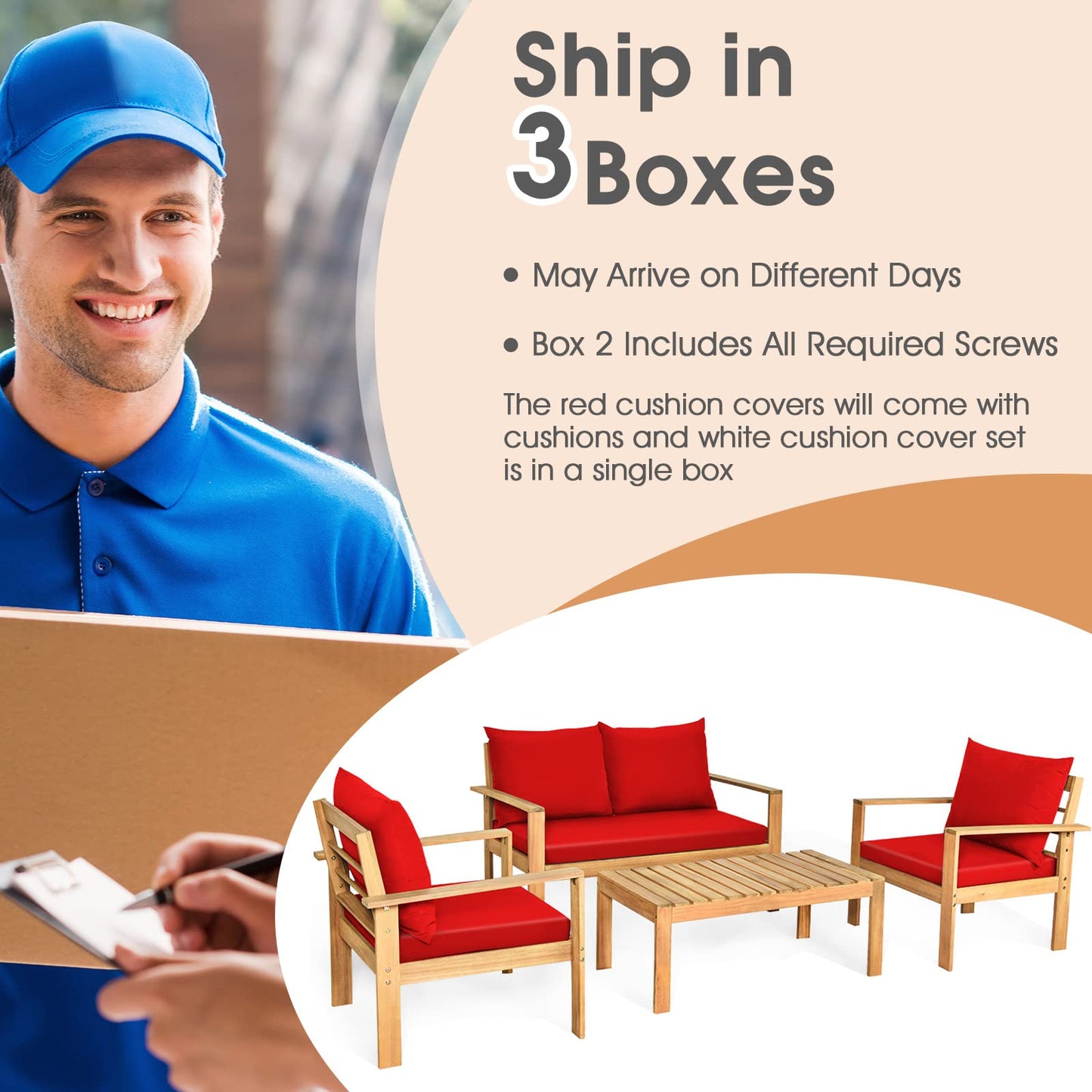 Tangkula Outdoor 4-Piece Acacia Wood Chat Set - HW64146WH-C+HW64146TU+