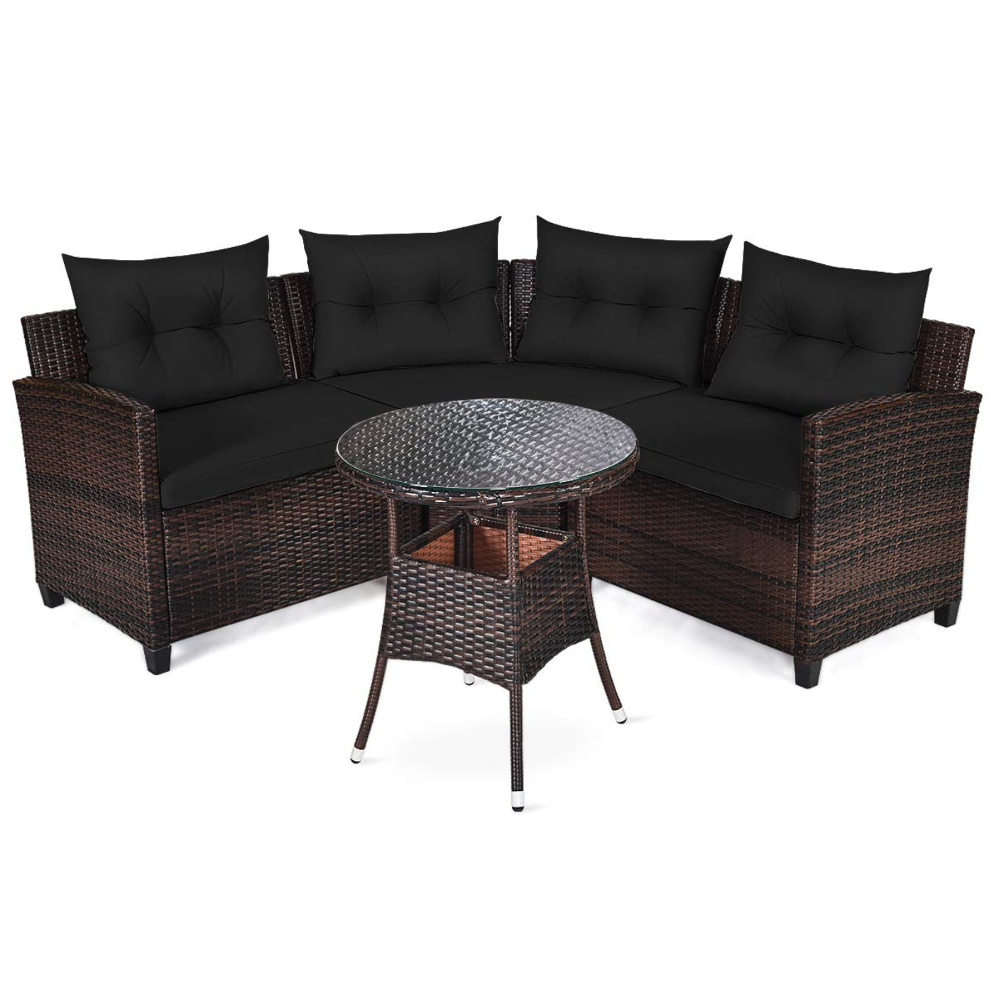 Tangkula 4-Piece Patio Furniture Set, C-Shape Outdoor Wicker Sectional Sofa Set - HW66920BK+