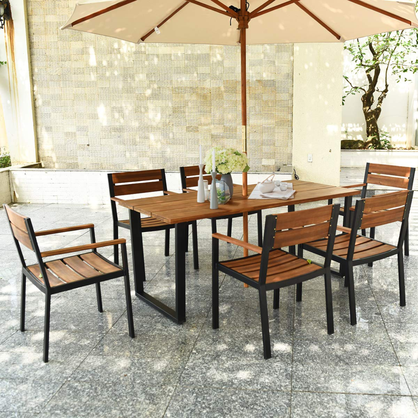 Tangkula 7PCS Outdoor Dining Set, Patio Dining Furniture Set with Sturdy Steel Frame - HW65220+
