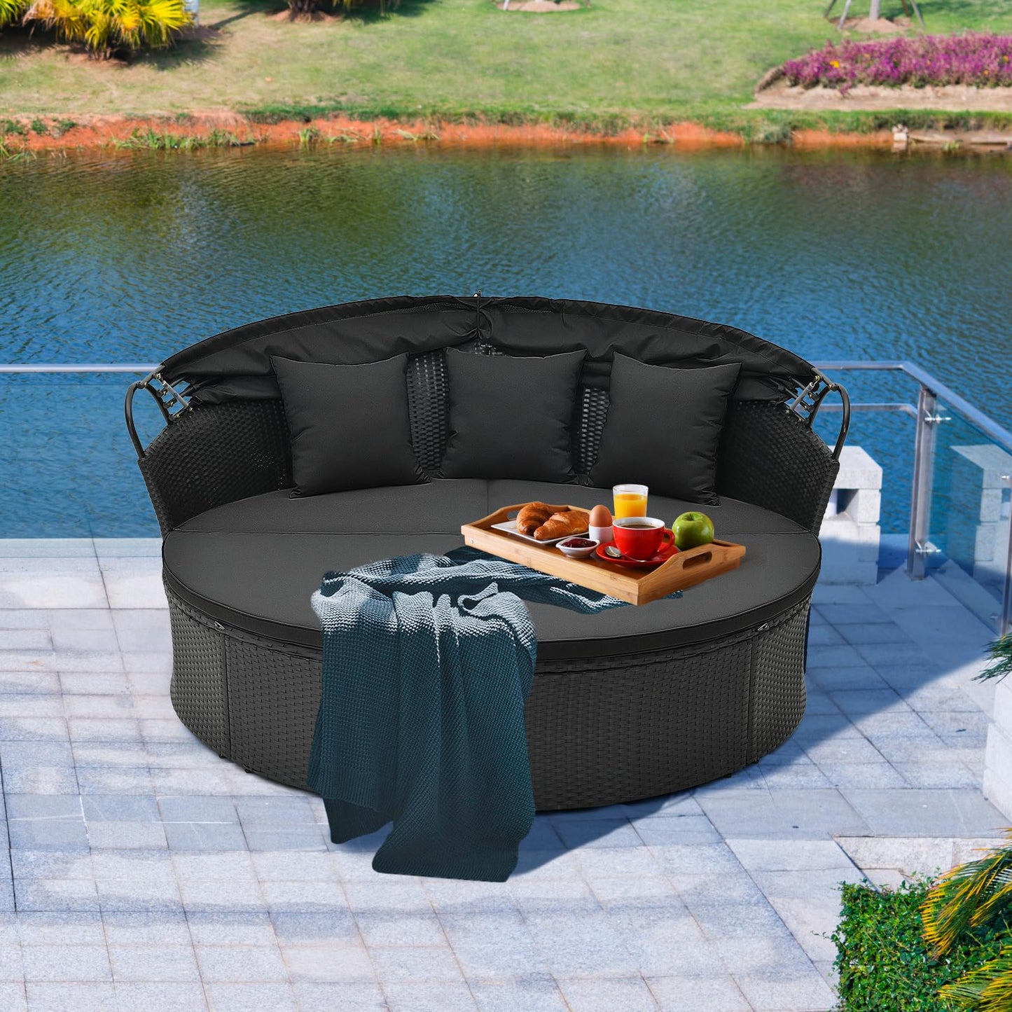 Tangkula Outdoor Patio Round Daybed with Retractable Canopy - HW71564DK+
