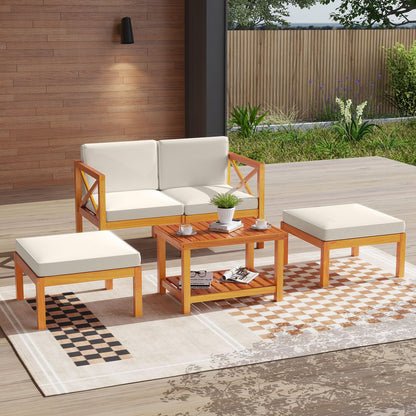 Tangkula 5 Pieces Acacia Wood Patio Chaise Lounge Chair Set with Ottomans and Cushions - HW72989WH+