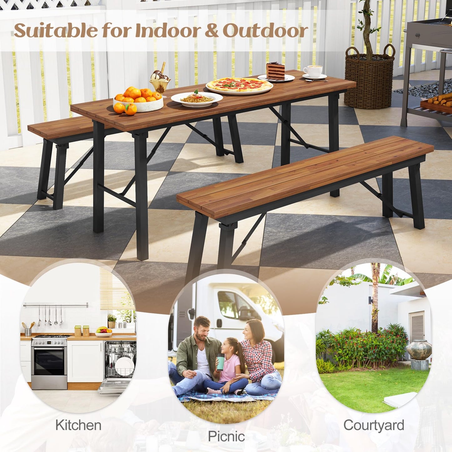 Tangkula Outdoor Dining Table With Benches for 4-6 Persons, No Assembly - HV10581+HV10582