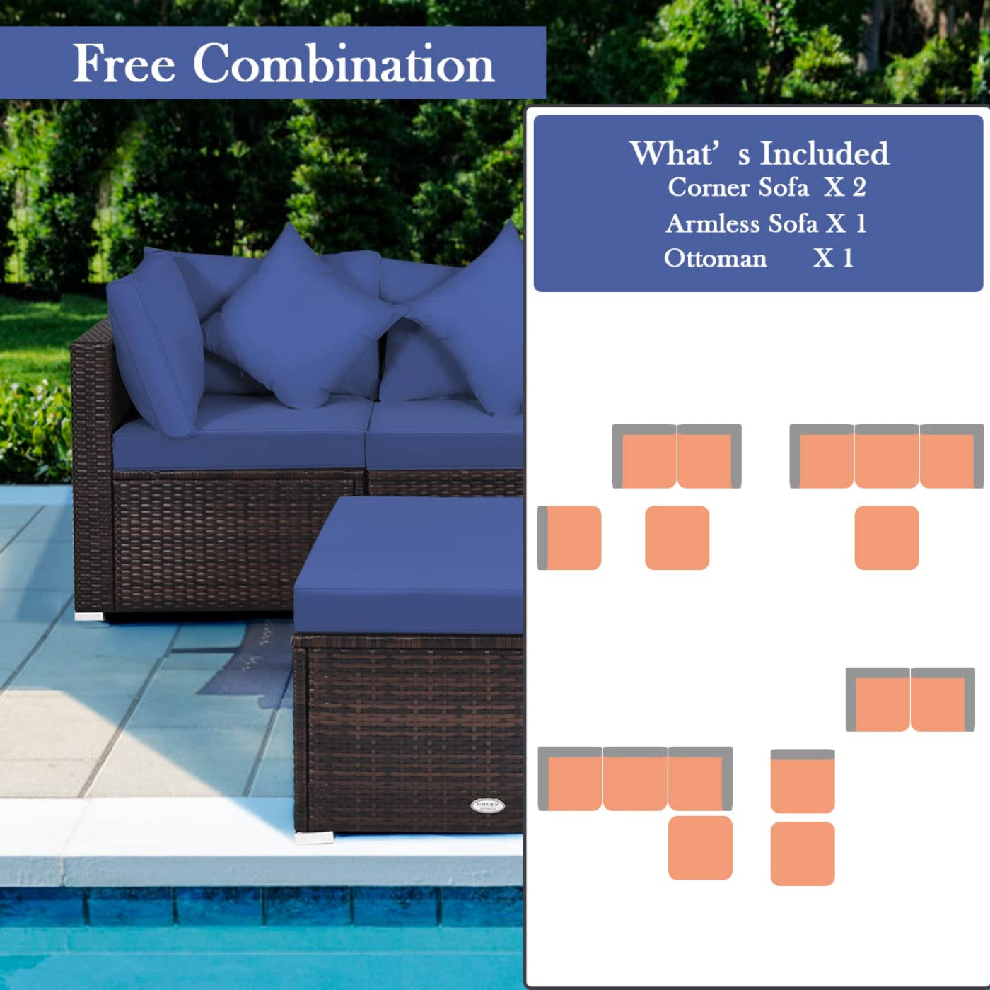 Tangkula Patio Rattan Sofa Set, Outdoor Wicker Sectional Furniture Set - HW63754+
