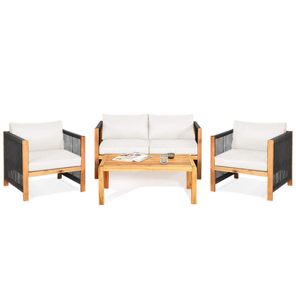Tangkula Outdoor Wood Furniture Set, Acacia Wood Frame Loveseat Sofa, 2 Single Chairs and Coffee Table - HW63868RE