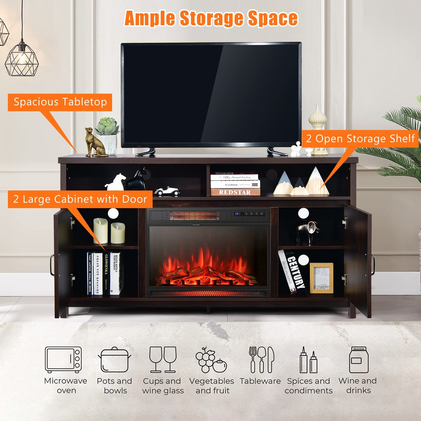 Tangkula Electric Fireplace TV Stand, 59 Inches TV Console - HV10083CF+FP10047US