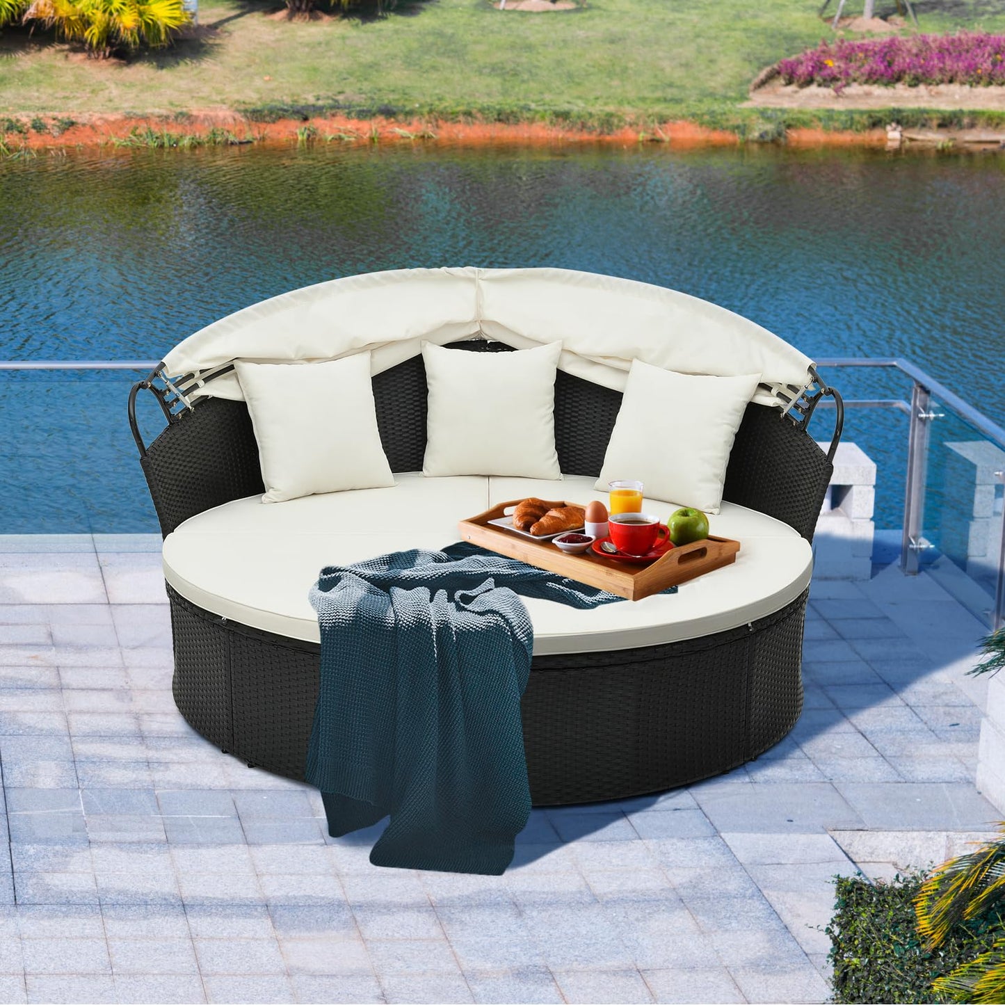 Tangkula Outdoor Patio Round Daybed with Retractable Canopy - HW71564DK+