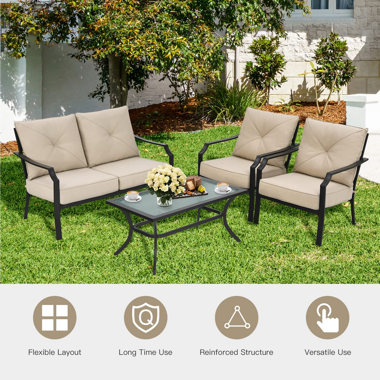 Tangkula 4 Pieces Outdoor Furniture Set, Patio Conversation Set with Cushions and Steel Frame - NP10083BE+NP10084WL-BE