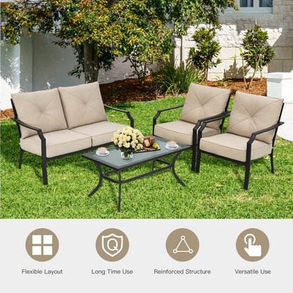 Tangkula 4 Pieces Outdoor Furniture Set, Patio Conversation Set with Cushions and Steel Frame - NP10083BE+NP10084WL-BE