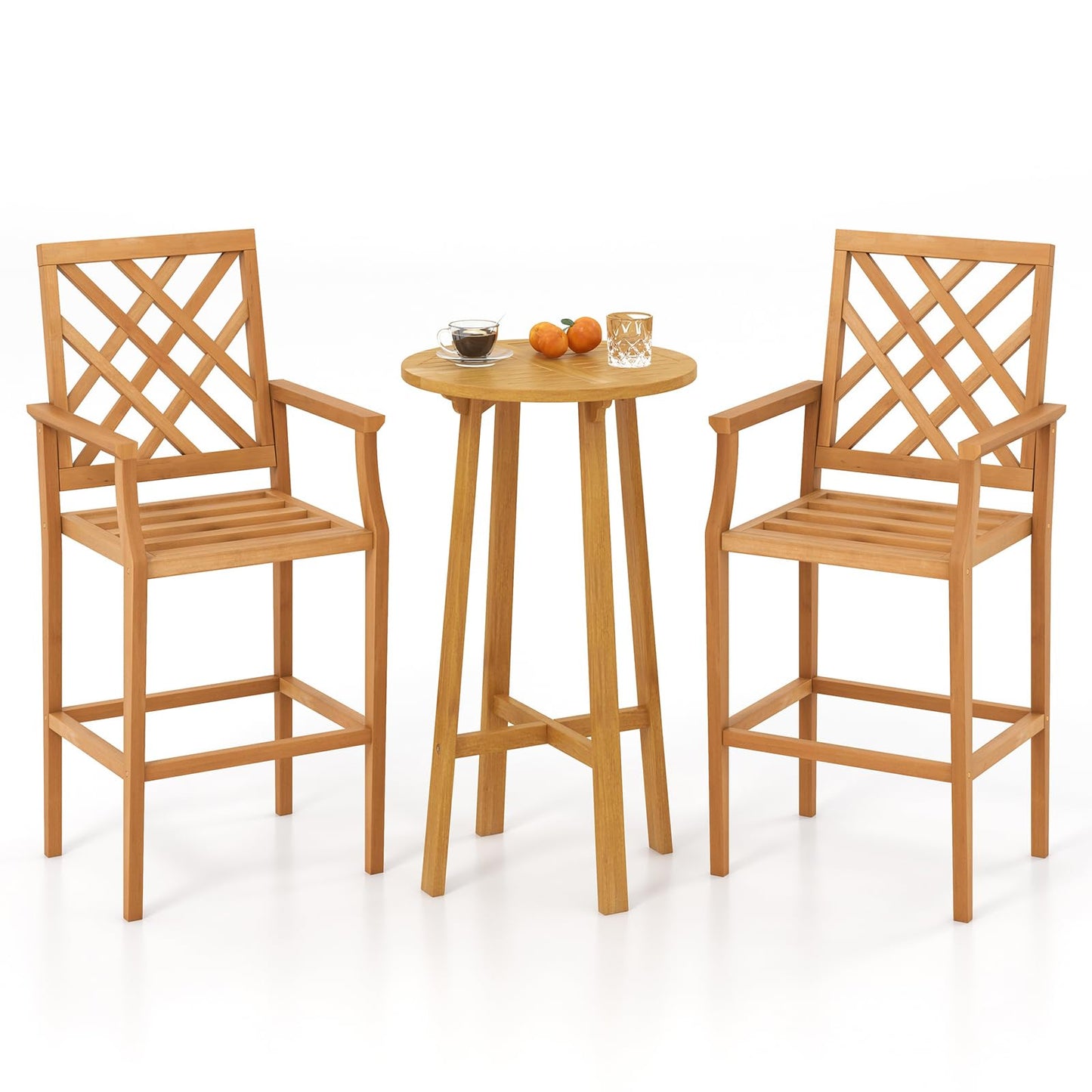 Tangkula 3 Piece Patio Bar Set, Teak Wood Bistro Furniture with Backrest, Armrests & Footrest - 2*JV11957+JV11903