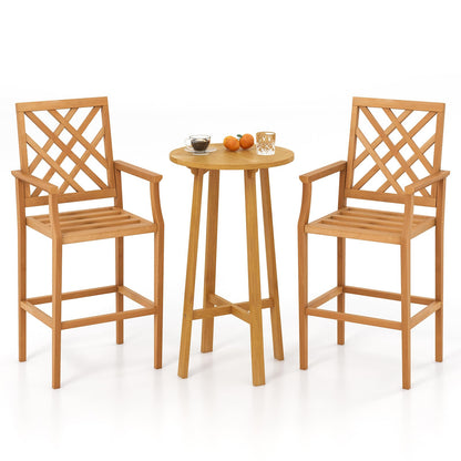 Tangkula 3 Piece Patio Bar Set, Teak Wood Bistro Furniture with Backrest, Armrests & Footrest - 2*JV11957+JV11903