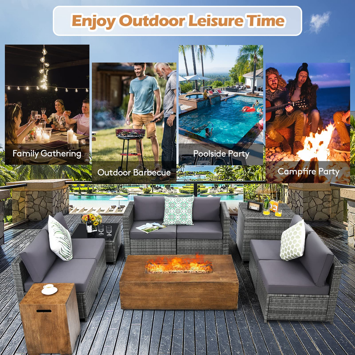 Tangkula 10 Pieces Patio Rattan Conversation Set, Patiojoy Outdoor Wicker Furniture Set - OP70343-A+OP70343-B+HW65782AGR+