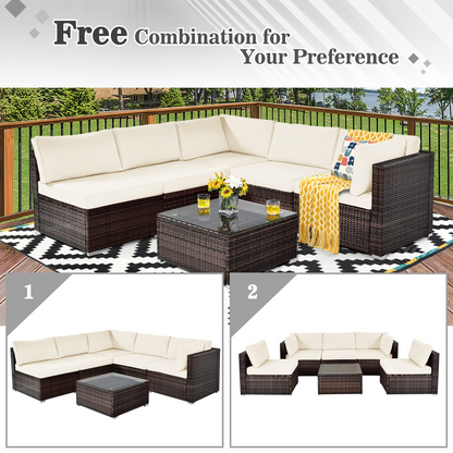 Tangkula 6 Pieces Patio Furniture Set, Outdoor Wicker Conversation Set with Glass Coffee Table - HW67937WH+