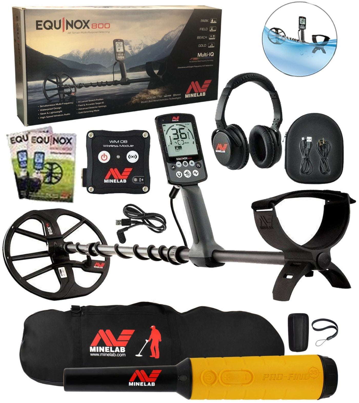 Minelab Equinox 800 Metal Detector Bundle, Pro-Find 35, Minelab Gear - 3720-0002-mfg-pf35-bag