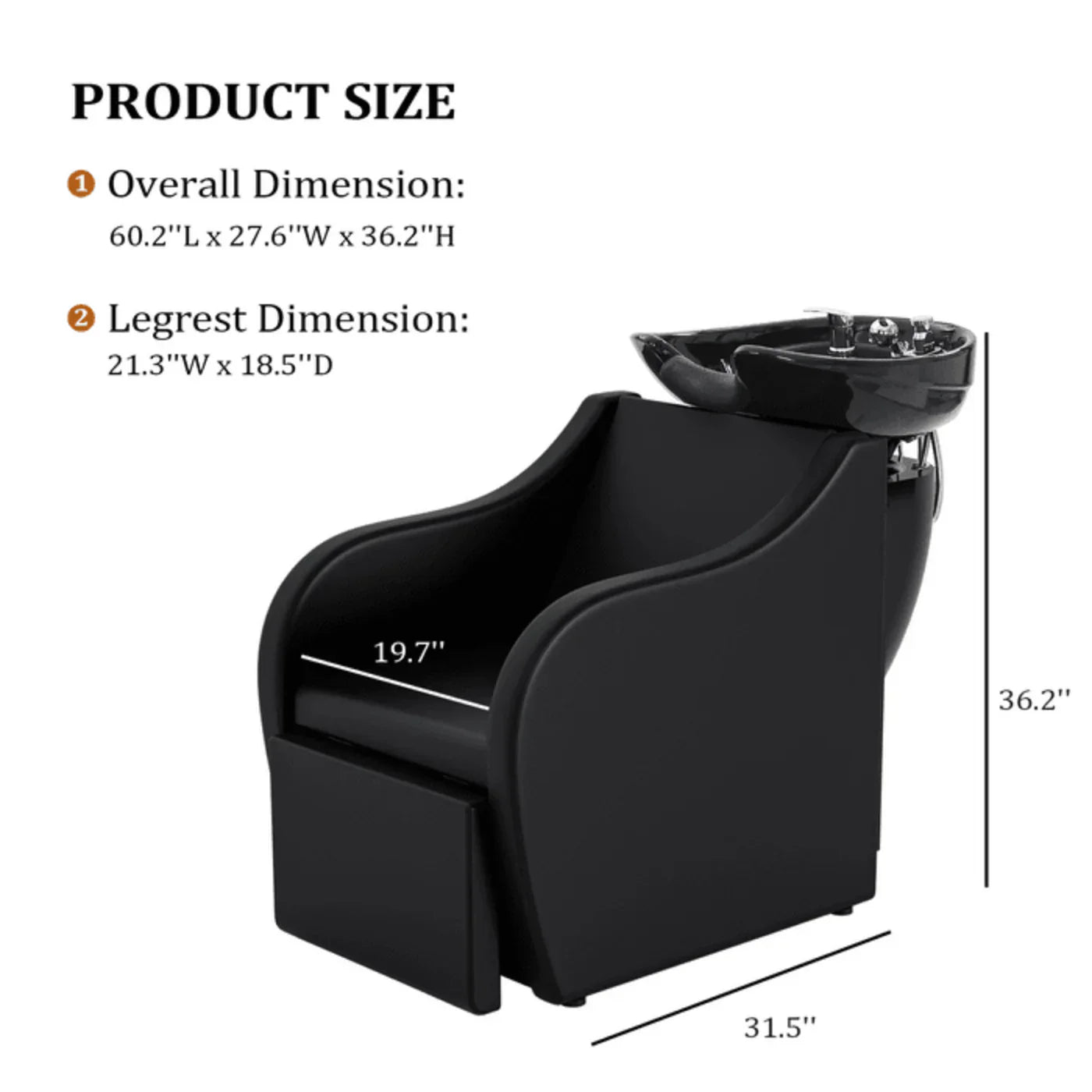 OmySalon BU1211 Electric Shampoo Bowl and Chair Backwash Unit with Reclining Legrest & Tilting Porcelain Shampoo Sink - G59000381+G59000382+G59000383