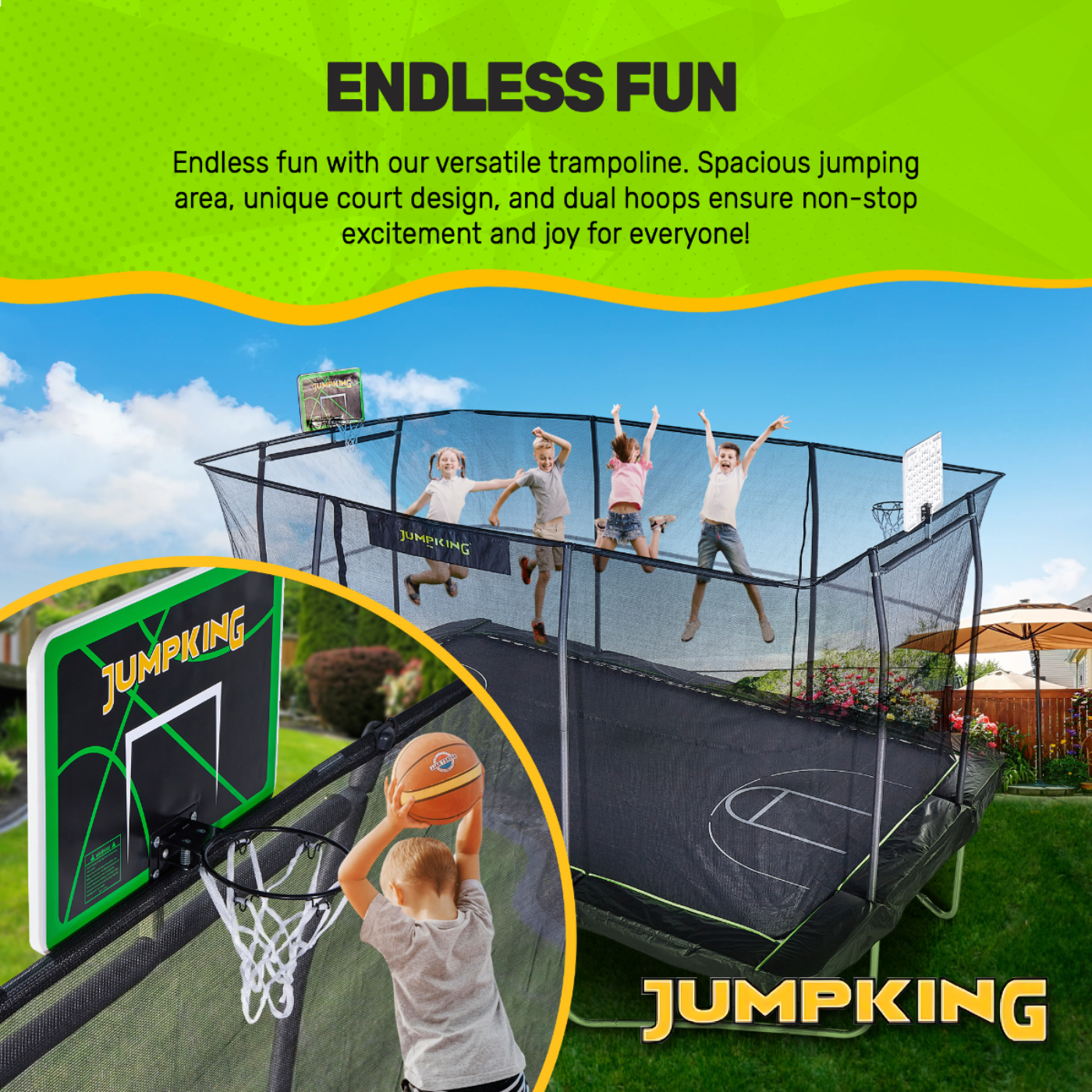 JumpKing 10' X 15' Rectangle Combo with Two Basketball Hoop  Model -  JK1015RCBHC2