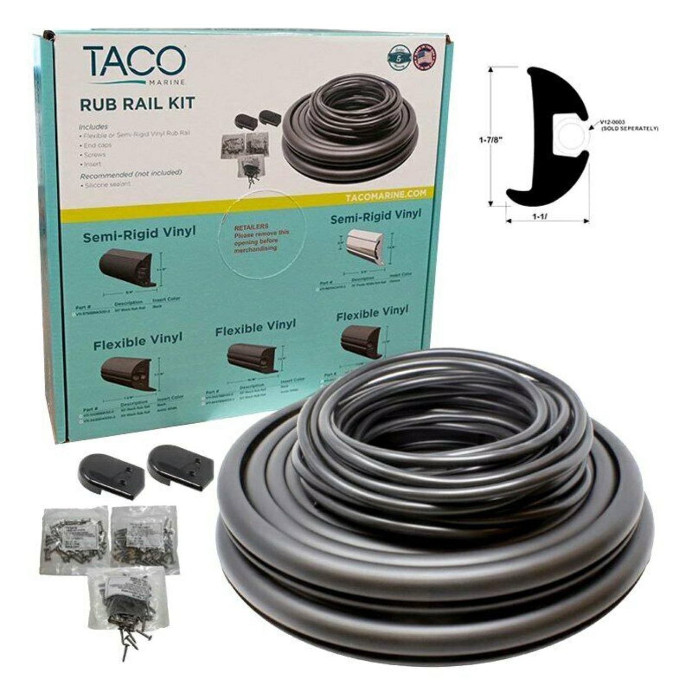TACO Flex Vinyl Rub Rail Kit Black/Black Insert 70' X 1-7/8" x 1-1/16" - V11-2423BBK70-2