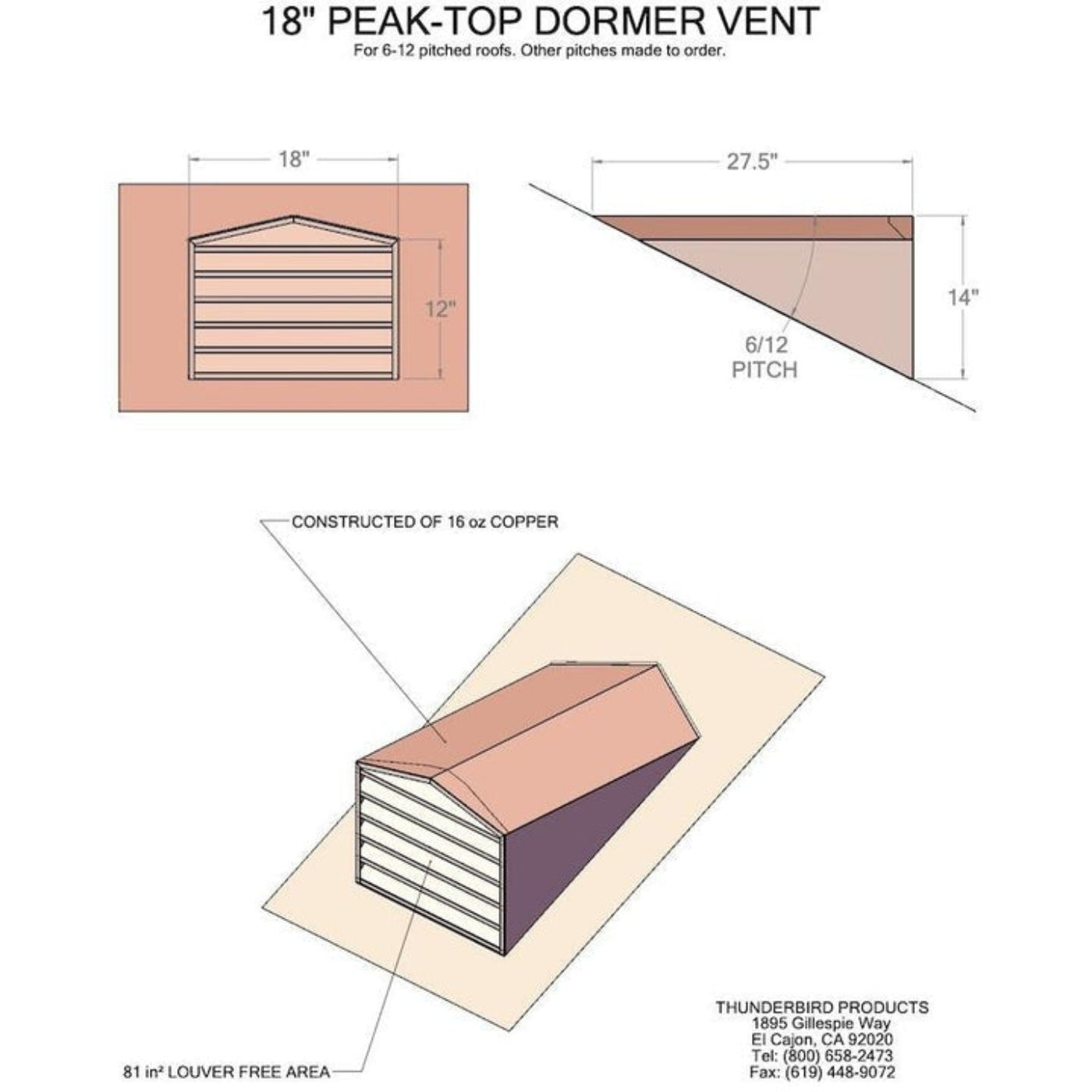 Copperlab Stainless Steel Peak Top Dormer Vent - SRMDPT18