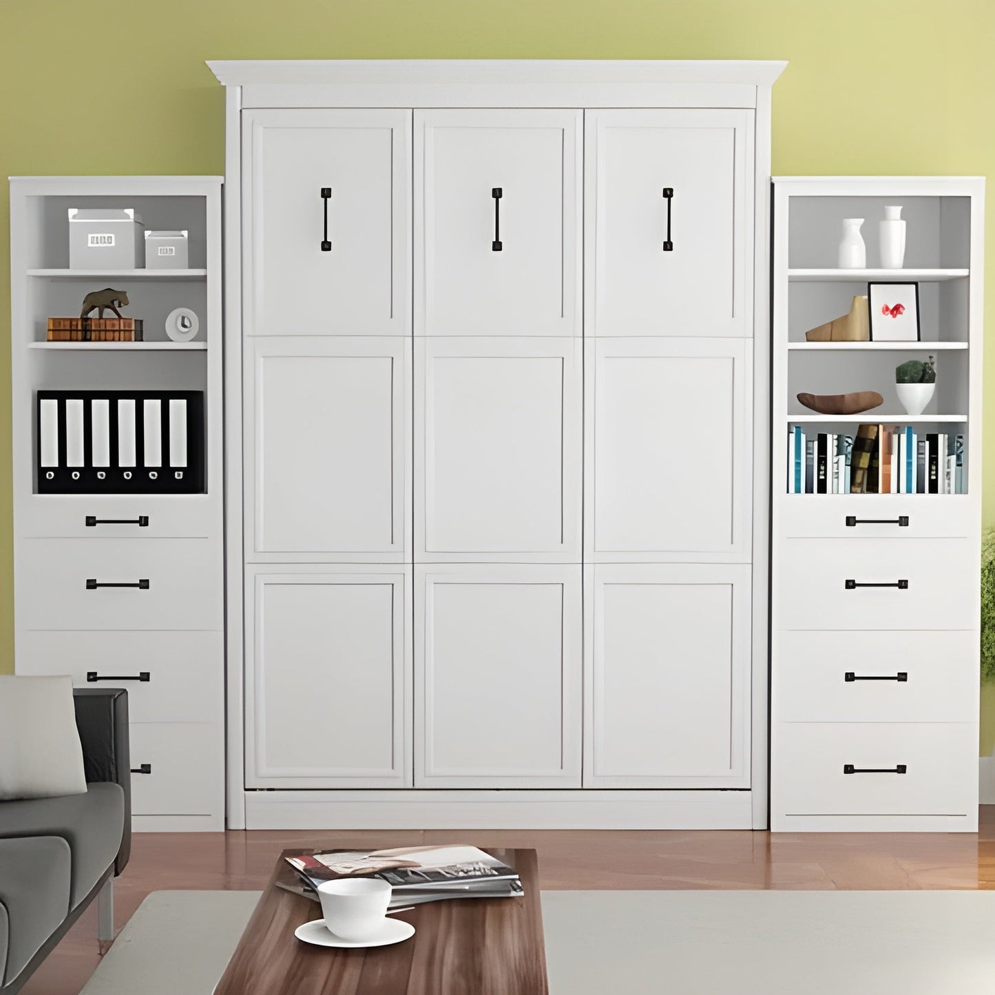 Queen Murphy Bed w/ Storage Towers, White, by Leto Muro