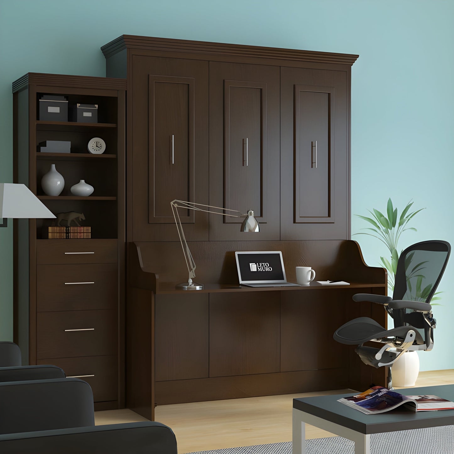 Murphy Bed With Desk & 2 Storage Cabinets, Full Size Coventry Walnut by Leto Muro