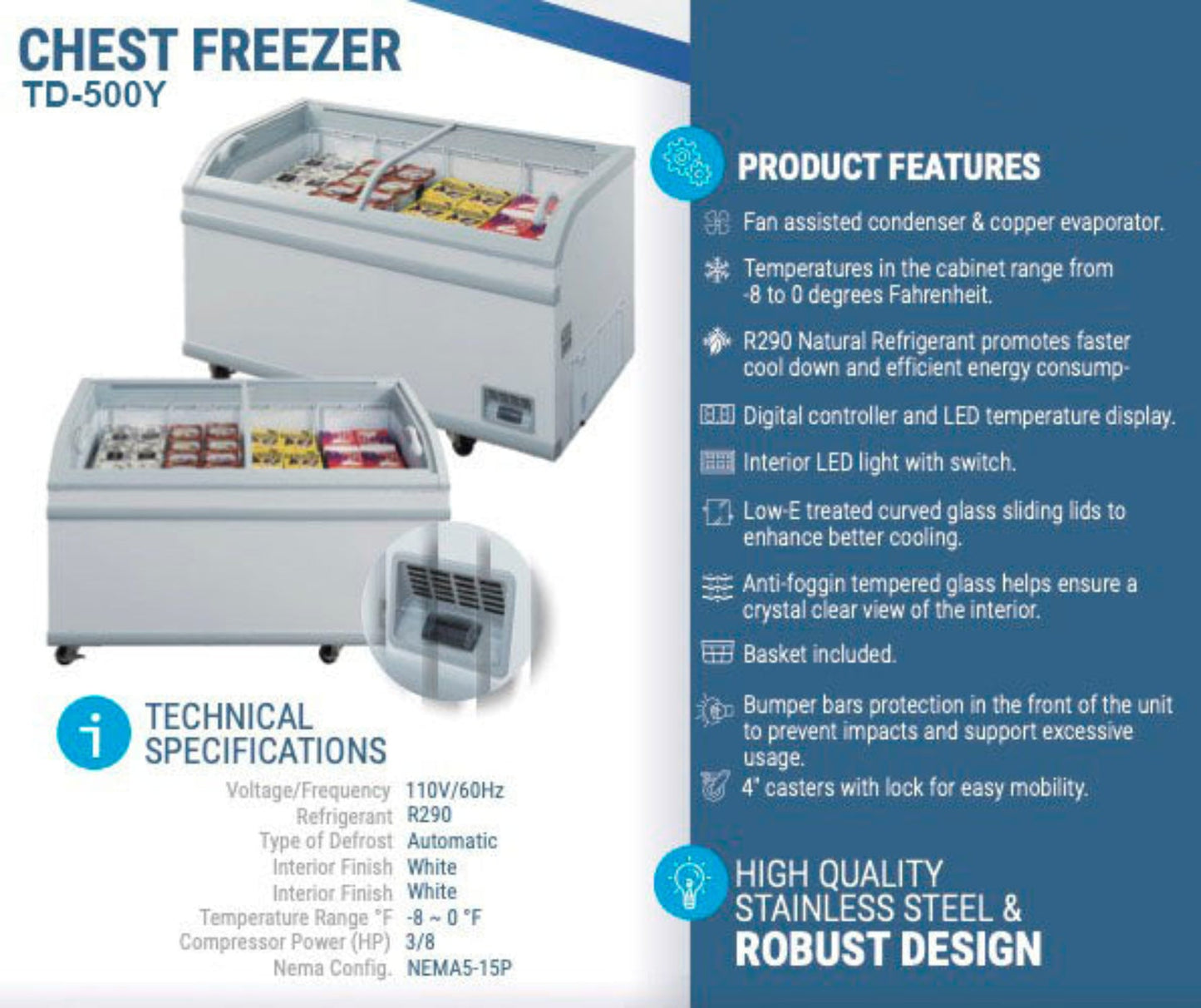 Chef AAA Commercial 56" Glass Door Frozen Food or Ice Cream Chest Freezer Display -  TD-500Y